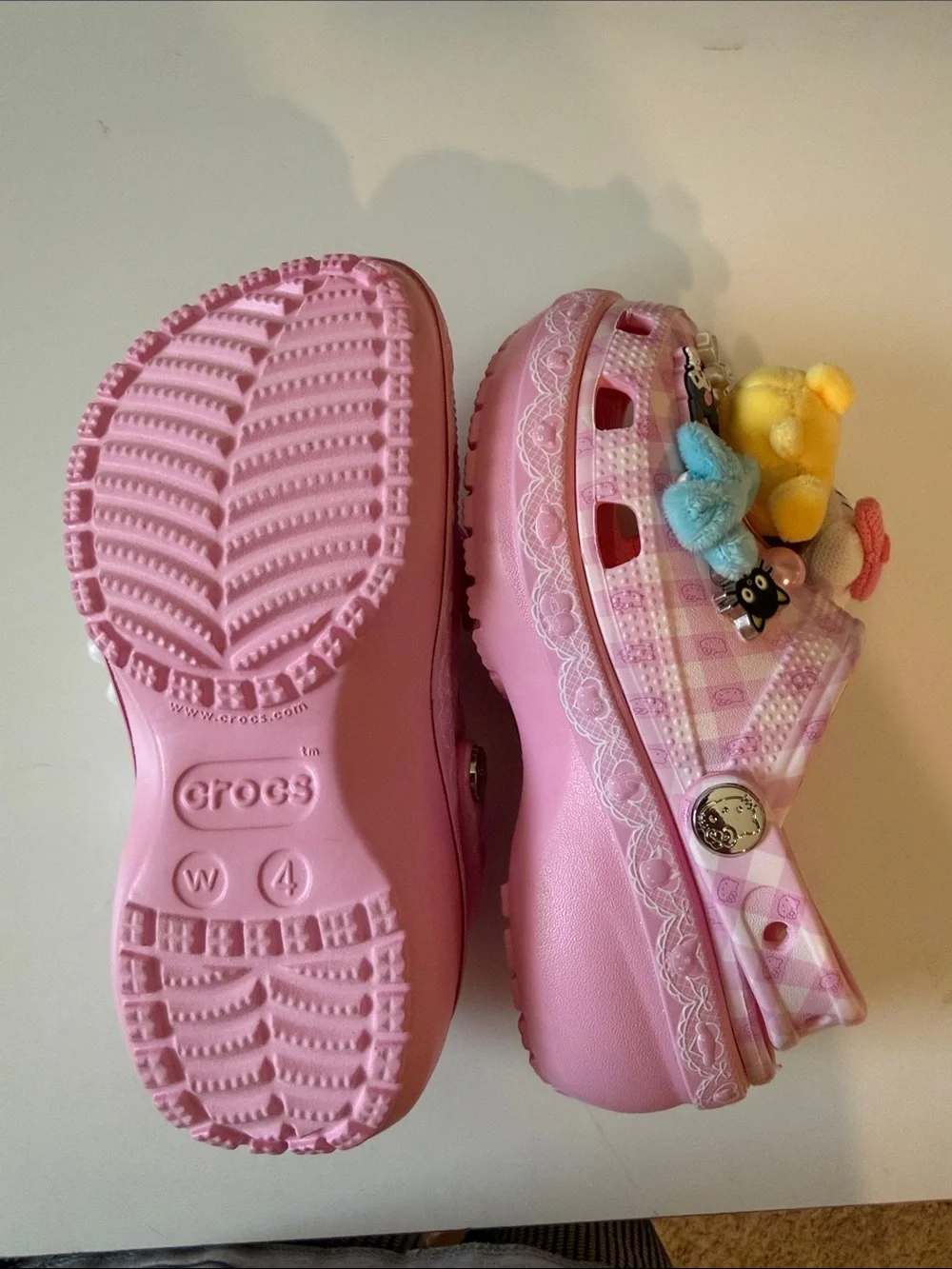 CROCS Pink Checkered Platform Clogs with Sanrio Charms